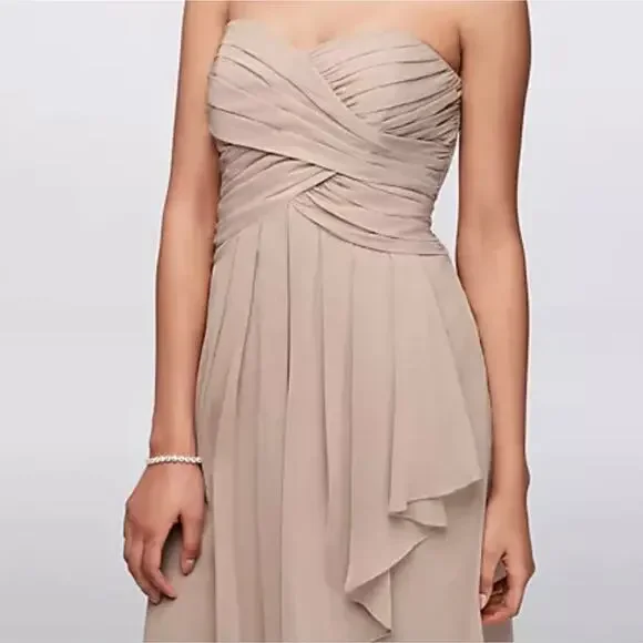 David's Bridal Strapless Crinkle Chiffon Dress Shade Biscot Women's Size 12 - Picture 1 of 9